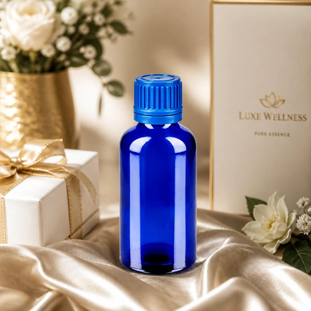 Robusto flacone in vetro da 50 ml con superficie opaca di colore blu per conservare i liquidi in modo sicuro