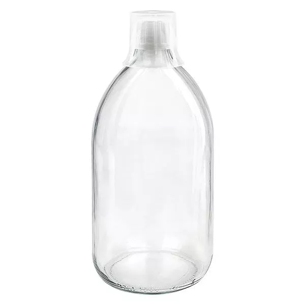 1000ml Medizinflasche klar, Verschluss Originalitätsverschluss mit Dosierbecher 30ml ApoGlas 1000ml Medizinflasche klar, Verschluss Originalitätsverschluss mit Dosierbecher 30ml ApoGlas
