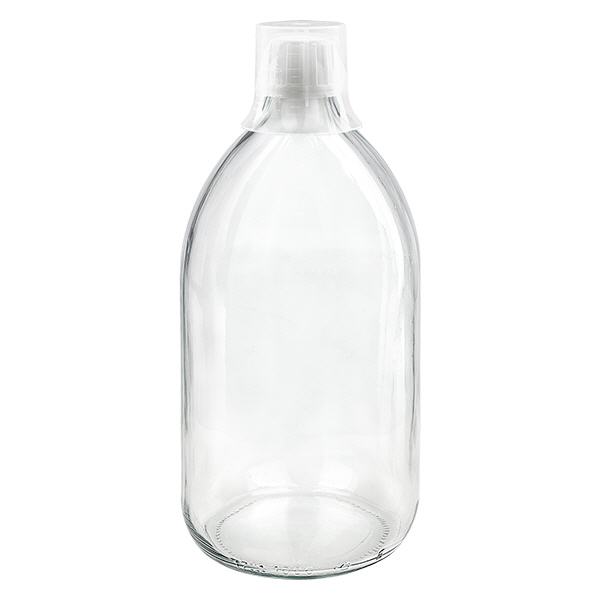 1000ml Medizinflasche klar, Verschluss Originalitätsverschluss mit Dosierbecher 30ml ApoGlas
