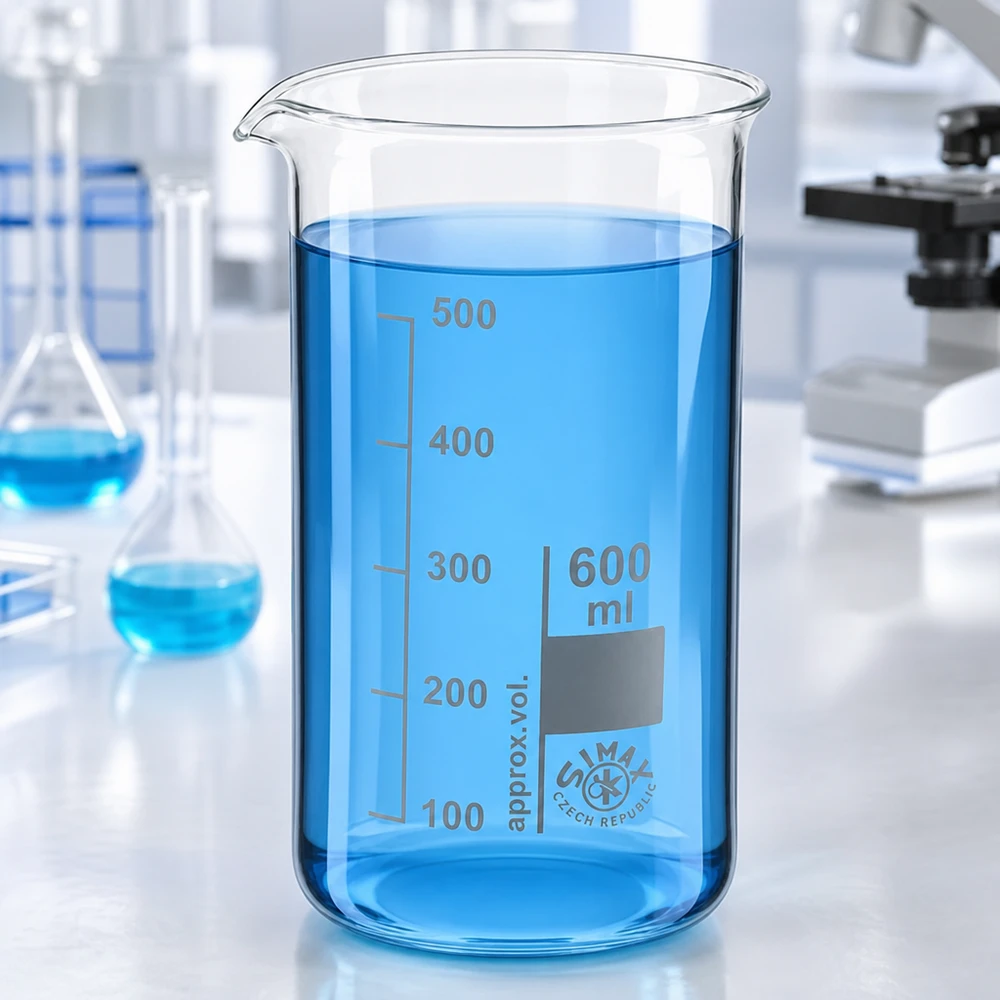 Becher da laboratorio trasparente da 600 ml, modello alto, con liquido blu su un tavolo da laboratorio bianco