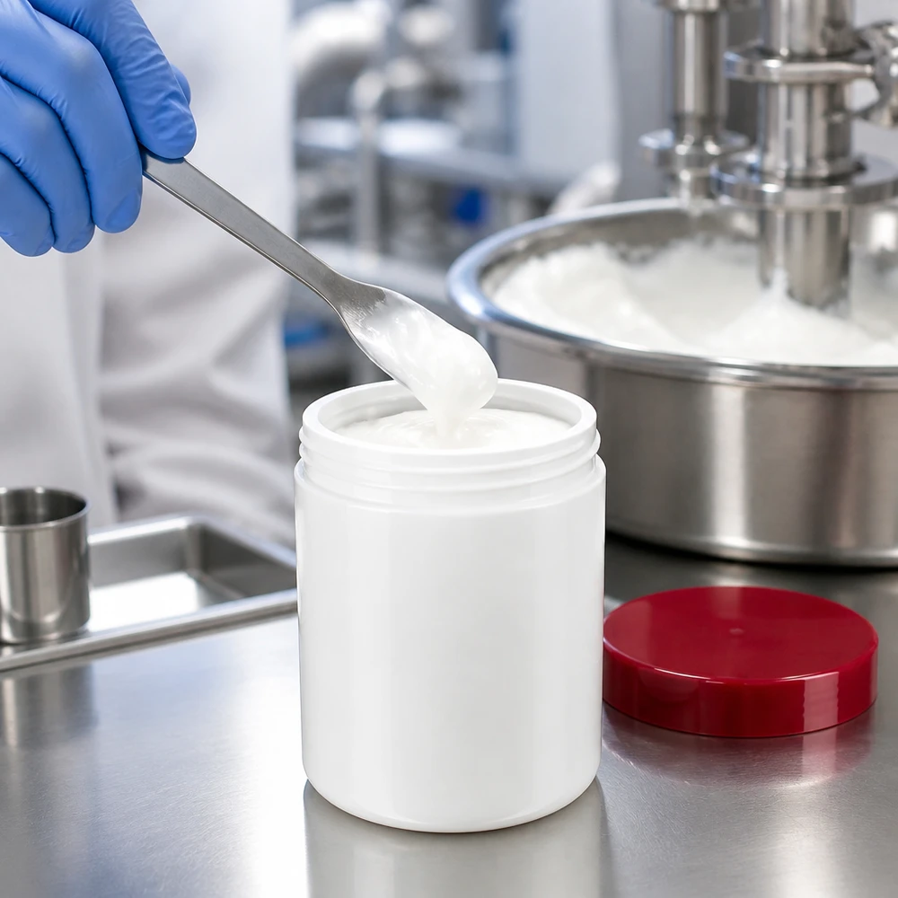 Pot à onguent blanc 150 g avec couvercle rouge (PP) Remplissage d'un pot à pommade de 150 g avec une crème blanche à l'aide d'une spatule métallique et d'un gant jetable bleu