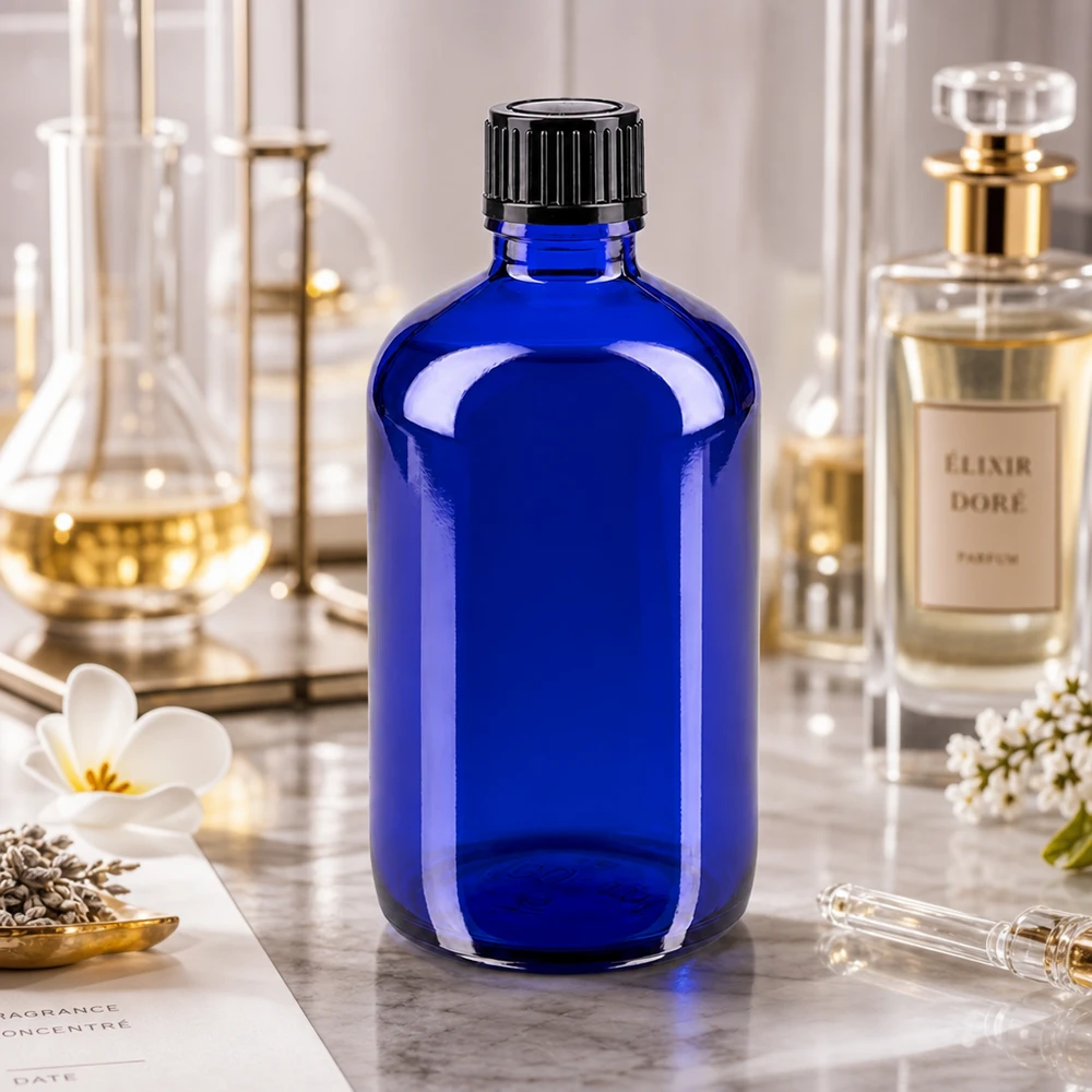 Lichtschutzflasche blau 100ml Glas mit schwarzem Verschluss für Parfümherstellung