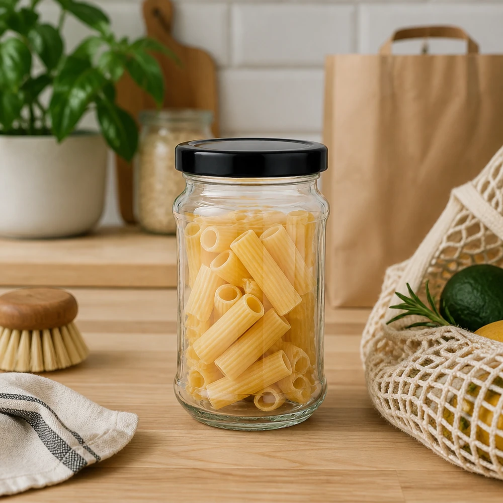 Barattolo rotondo da 390 ml con coperchio nero BasicSeal riempito di pasta su un piano di lavoro in legno - ideale per conservare la pasta