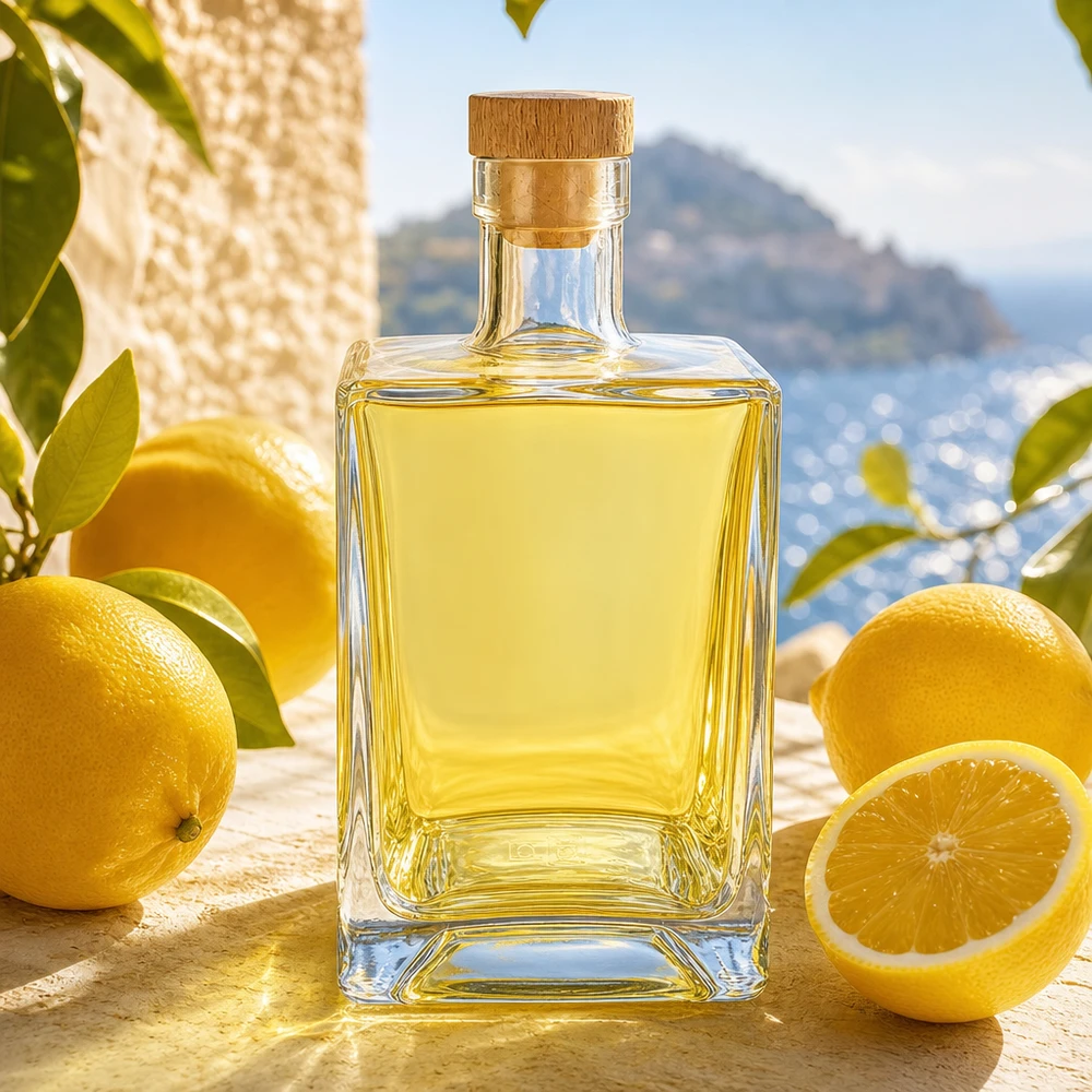 Bottiglia in vetro da 700 ml Ben con tappo in sughero con impugnatura in legno UNiTWIST® Bottiglia di vetro da 700 ml di Ben riempita di liquore giallo tra i limoni in un ambiente mediterraneo con tappo in sughero