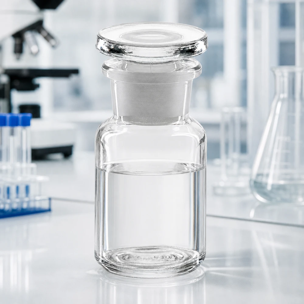 Bottiglia a spalla tonda 50ml chiara a collo largo in vetro con tappo Flacone a spalla arrotondata da 50 ml trasparente con collo largo e tappo di vetro su un tavolo da laboratorio bianco