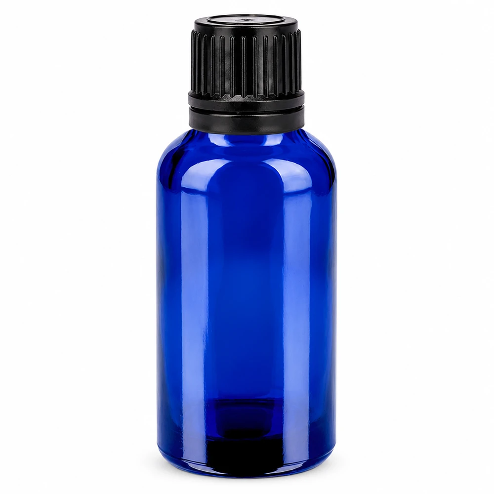 Flacon 30ml 11mm SV noir OV BlueLine UT18/30 Bouteille compacte en verre bleu de 30 ml avec bouchon SV noir pour sérums et teintures