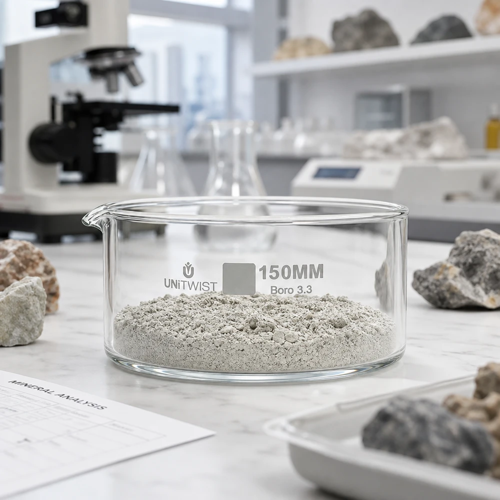 Kristallisierschale ø150mm Borosilikatglas UNiTWIST Niedrige zylindrische Laborschale UNiTWIST 150mm Borosilikatglas mit Mineralpulver Geowissenschaften