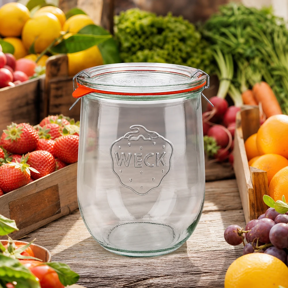 Vaso a tulipano completo da 1062 ml WECK RR100 Vaso a tulipano WECK 1062ml RR100 con piano oscillante circondato da frutta e verdura fresca su un tavolo di legno bancarella del mercato
