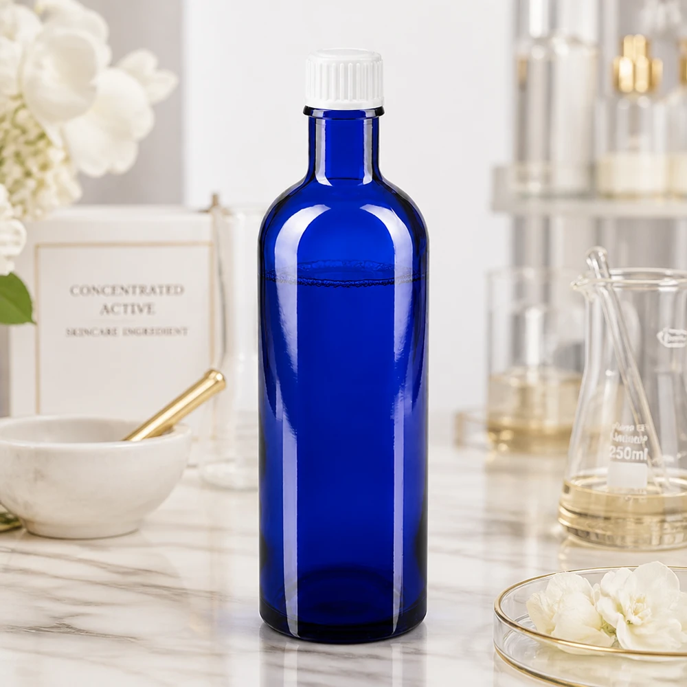Blaue Serumflasche 200ml mit breitem Flaschenhals und sicherem weißem Verschluss aus Glas