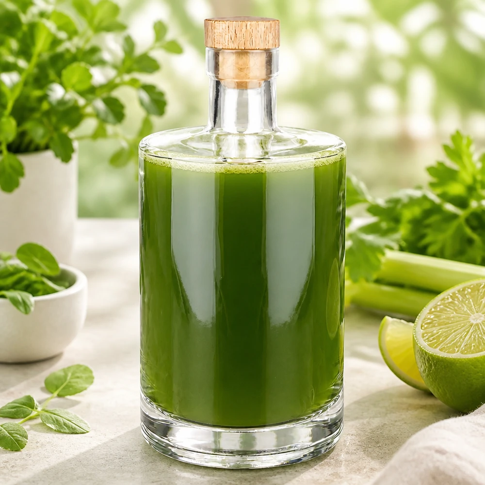 Bottiglia in vetro da 700 ml Marie con tappo in sughero con impugnatura in legno UNiTWIST® 700ml Glasflasche Marie mit grünem Smoothie befüllt neben frischen Kräutern und Limetten in heller Küche