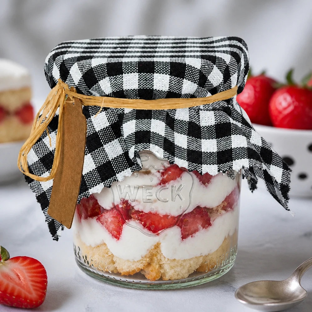 Centrino per gioielli in tessuto a quadretti neri 15 cm quadrati Centrino decorativo a scacchi bianchi e neri su vasetto da dessert con fragole e panna decorazione rustica 15 cm quadrati