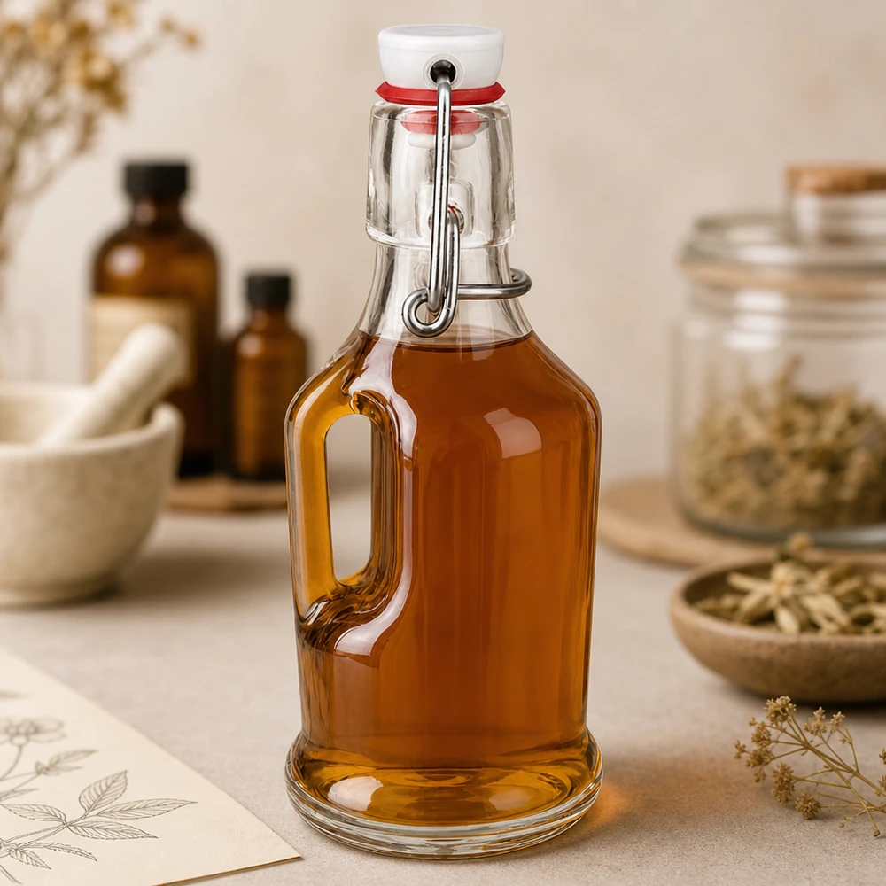 Bottiglia di vetro Bertha 200ml riempita di colore ambrato, scena di cucina naturale con erbe e spezie, tappo UNiTWIST