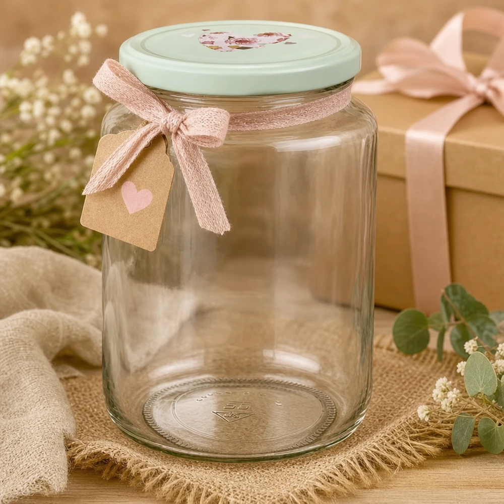 Barattolo rotondo da 795 ml con coperchio a forma di cuore BasicSeal alla menta, decorato con un fiocco rosa e un'etichetta regalo come idea regalo