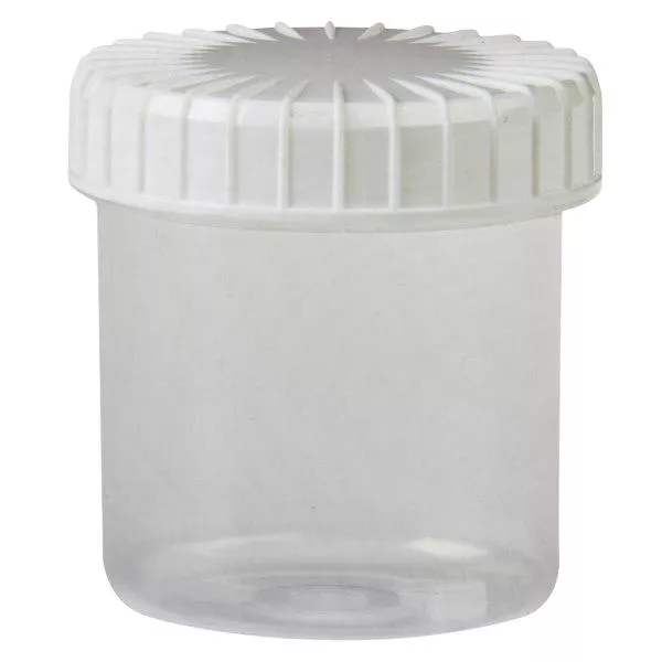 Pot en plastique transparent 75 ml + couvercle à vis blanc strié en PE, fermeture standard Pot en plastique transparent 75 ml + couvercle à vis blanc strié en PE, fermeture standard