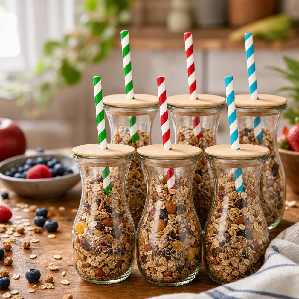 6 x WECK 290ml bottiglia di succo RR60 con coperchio in legno e 100 eco S Bottiglie di succo WECK da 290 ml riempite con noci di muesli come barattoli di stoccaggio coperchi in legno cannucce di carta colorate decorazione della cucina