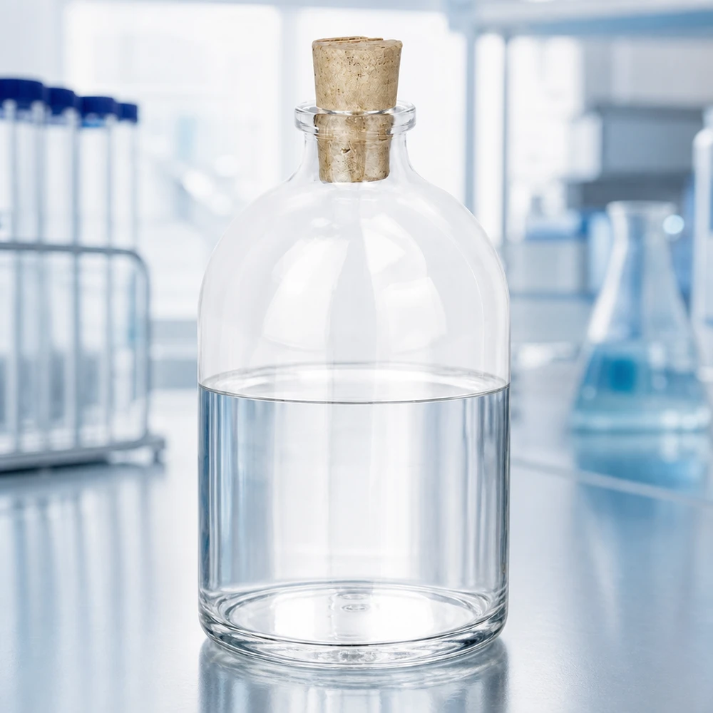 Flasche Klarglas 100ml mit Korken 11/14mm Handliche Glasflasche 100ml Korkverschluss auf Edelstahloberfläche in professioneller Laborumgebung