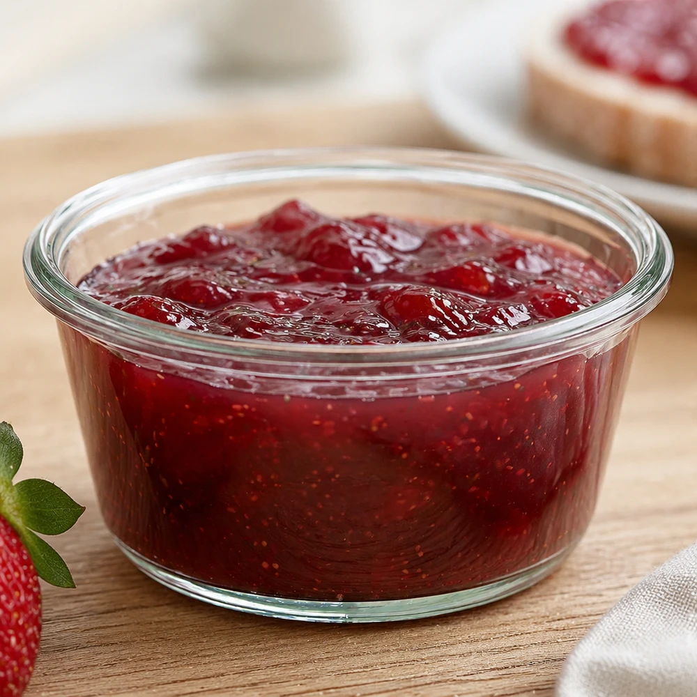 Vasetto gourmet da 290 ml WECK RR100 WECK RR100 Barattolo gourmet da 290 ml pieno di marmellata di fragole su una tavola da cucina accanto a fragole e pane con marmellata
