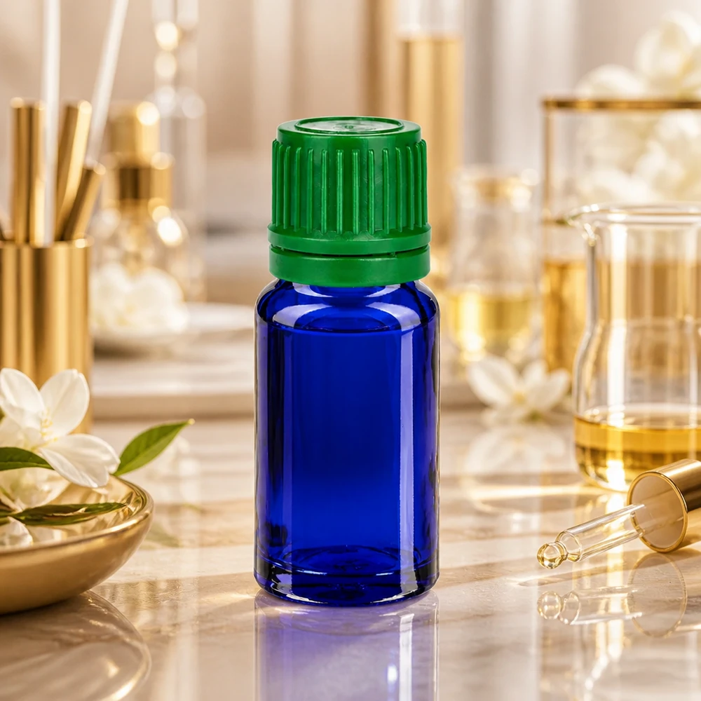 10ml Flasche 11mm Schraubverschluss grün Originalitätsverschluss BlueLine UT18/10 Elegante 10ml Glasflasche in Kobaltblau mit grünem Verschluss für hochwertige Produkte