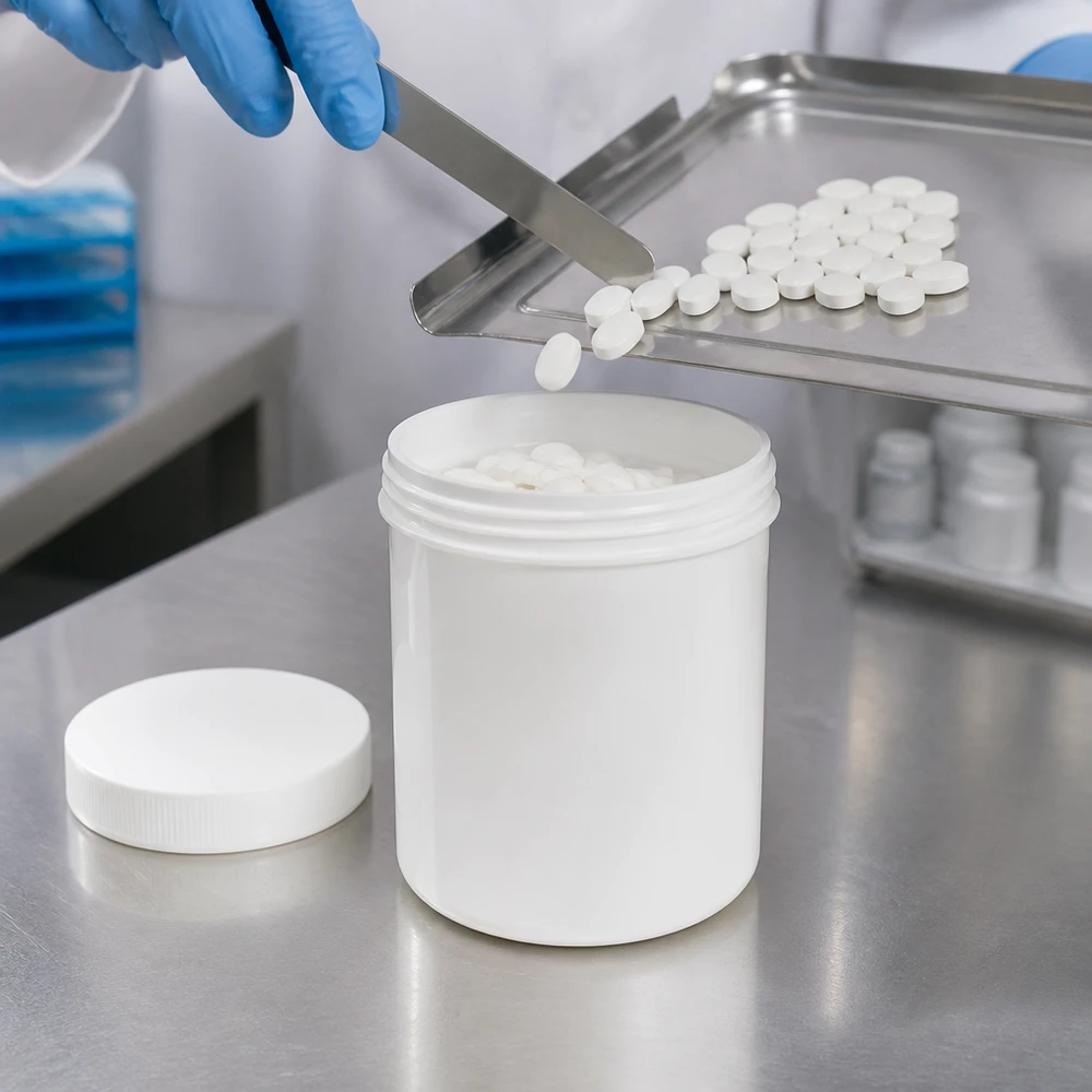 Pot à onguent blanc 200 g avec couvercle blanc (PP) Pot rond en PP blanc de 200 g avec un large couvercle à vis, posé sur une table en acier inoxydable dans une usine de production pharmaceutique
