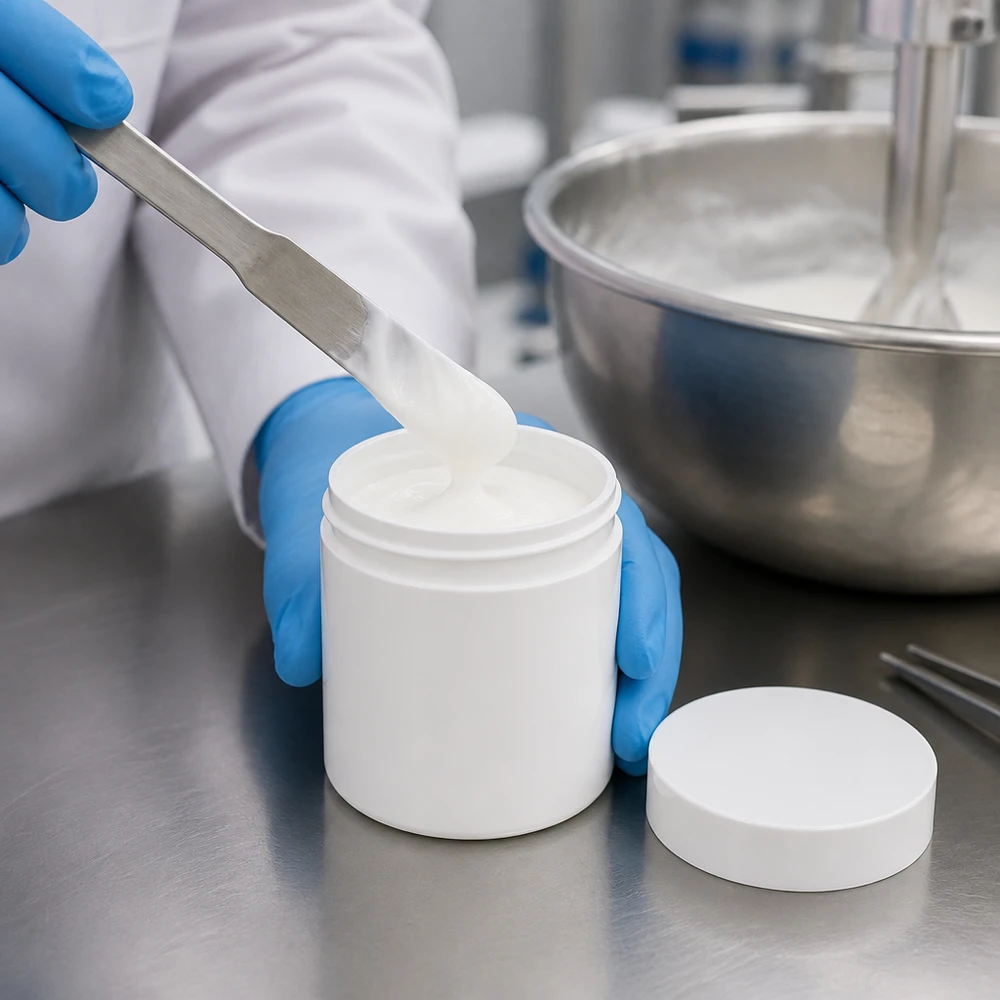 Pot à onguent blanc 250 g avec couvercle blanc (PP) Pot cylindrique en plastique blanc de 250 g, muni d'un bouchon à vis à l'épreuve des enfants