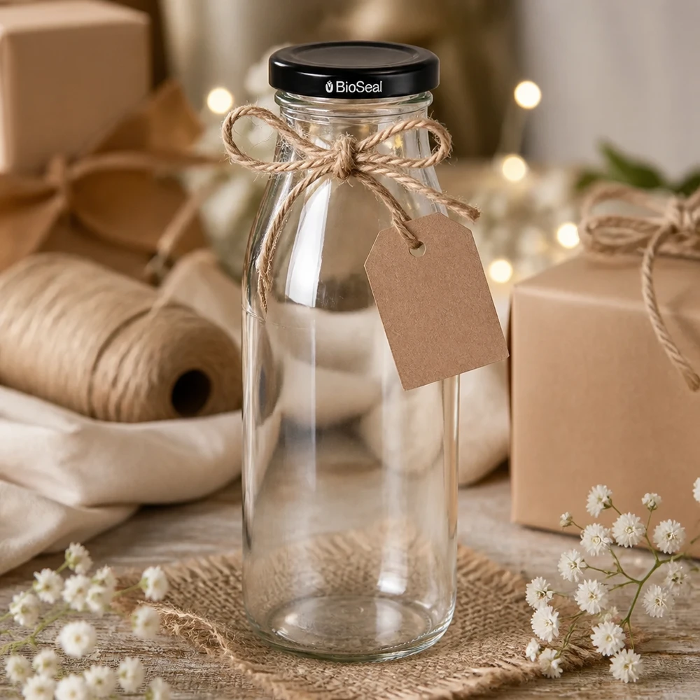 500ml Glasflasche + BioSeal Deckel schwarz UNiTWIST 500ml Glasflasche mit Juteschnur und Geschenkanhänger dekoriert als Geschenkidee neben Bastelmaterial