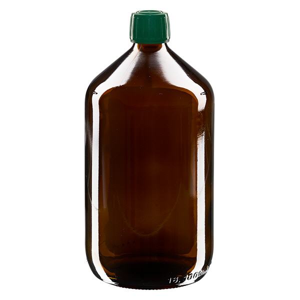 Flacone per medicinali da 1000 ml marrone, tappo verde con chiusura antimanomissione Flacone per medicinali da 1000 ml marrone, tappo verde con chiusura antimanomissione