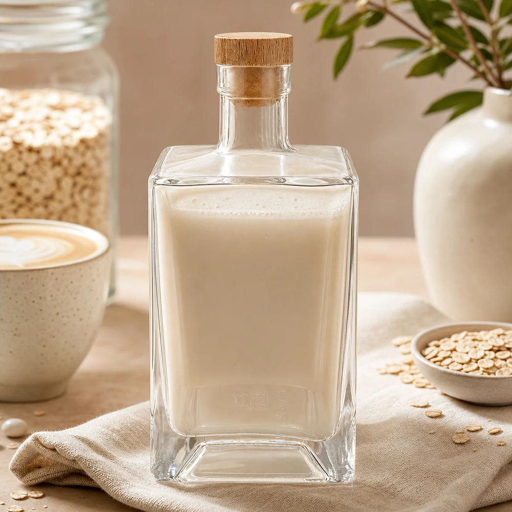 Bottiglia di vetro da 700 ml Ben riempita di latte d'avena accanto a fiocchi d'avena e tazza da caffè scenario naturale della cucina UNiTWIST