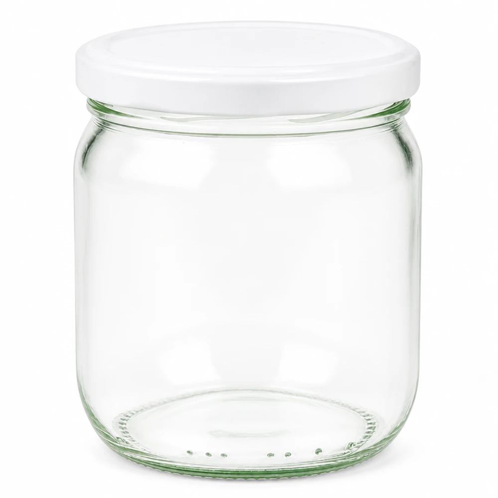 Barattolo di vetro rotondo da 425 ml con coperchio BasicSeal bianco UN.. Barattolo di vetro rotondo da 425 ml con coperchio BasicSeal bianco UN..