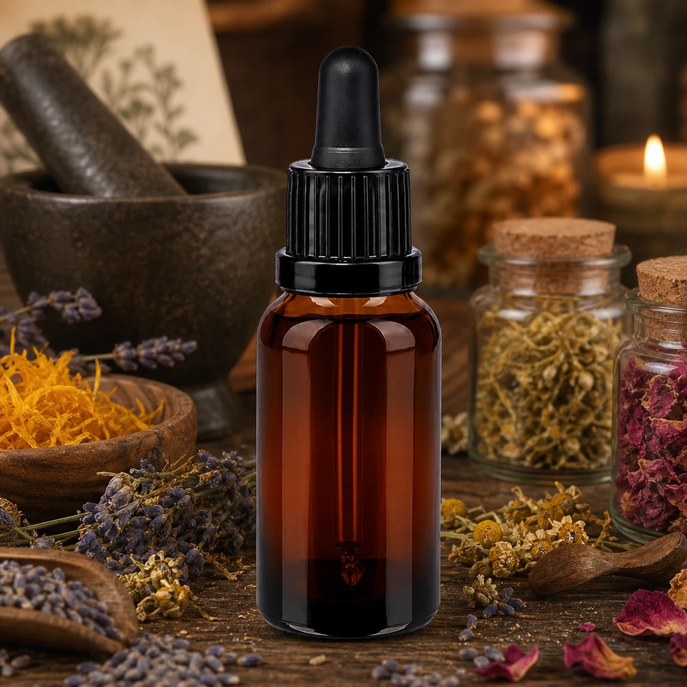 Bottiglia con pipetta di protezione dalla luce 20ml con tappo nero per sostanze ed estratti sensibili