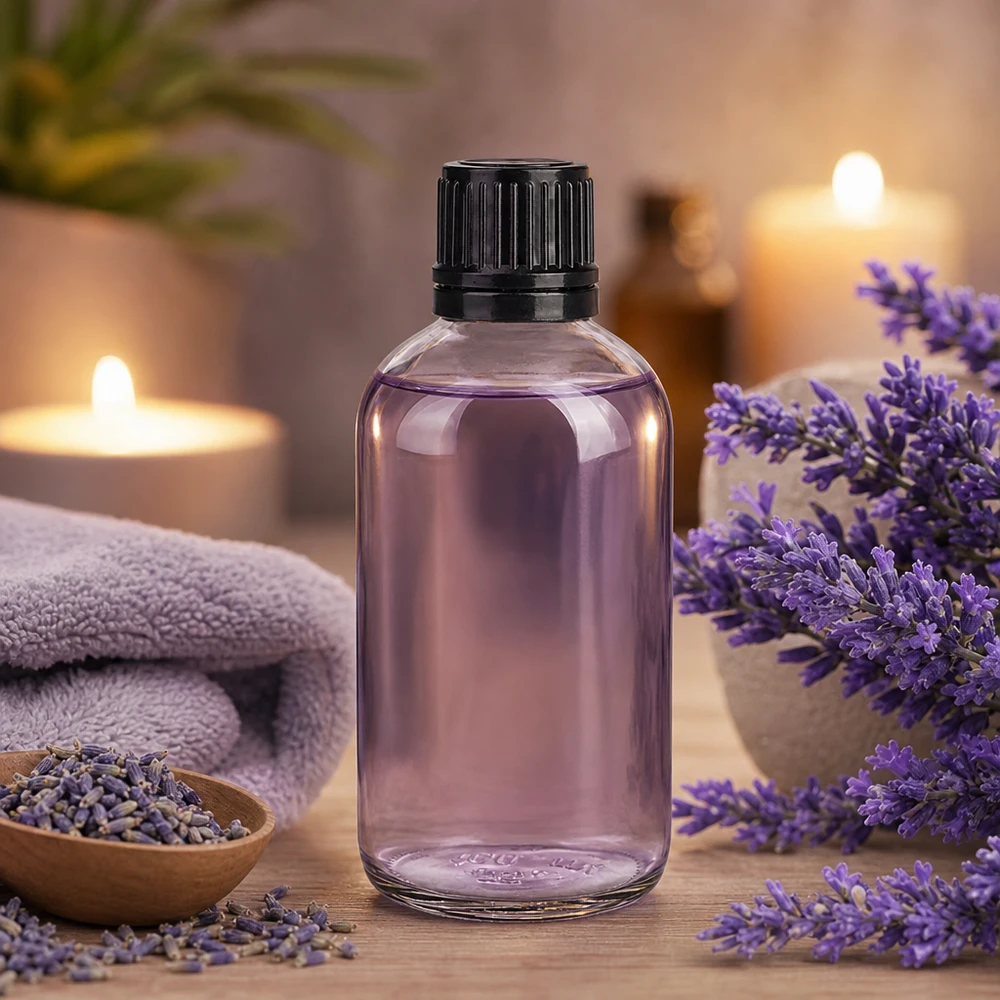 Olio essenziale di lavanda in flacone di vetro trasparente da 100 ml con tappo nero a prova di bambino