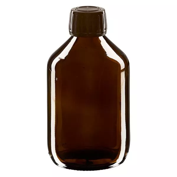 Flacone per medicinali da 300 ml marrone, tappo marrone con chiusura antimanomissione