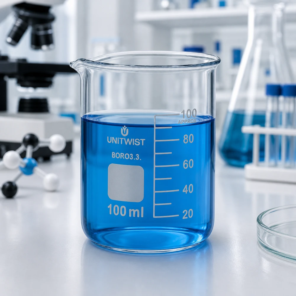 Bicchiere 100ml borosilicato, stampo basso UNiTWIST Bicchiere da laboratorio UNiTWIST da 100 ml in borosilicato, forma bassa, con liquido blu