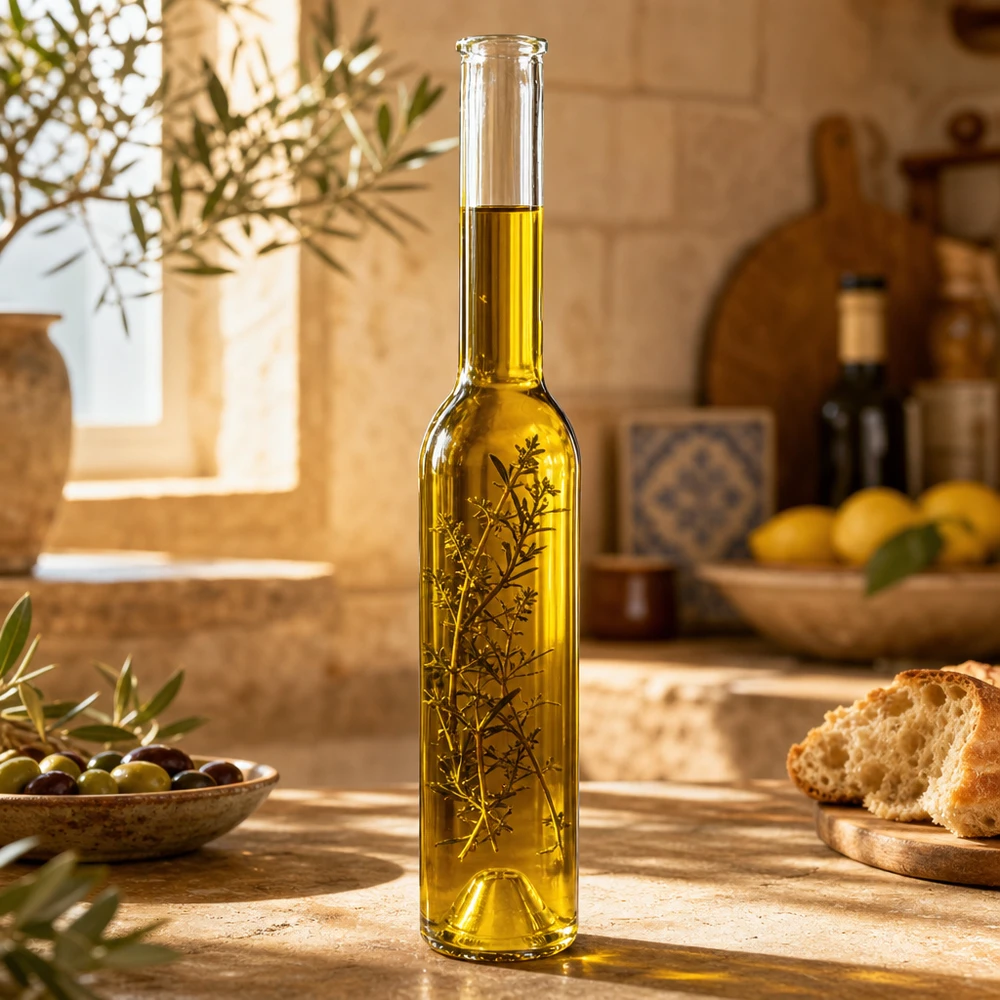 200ml Glasflasche Hugo mit Olivenöl und Kräutern befüllt mediterrane Küche rustikale Holzoptik Lifestyle