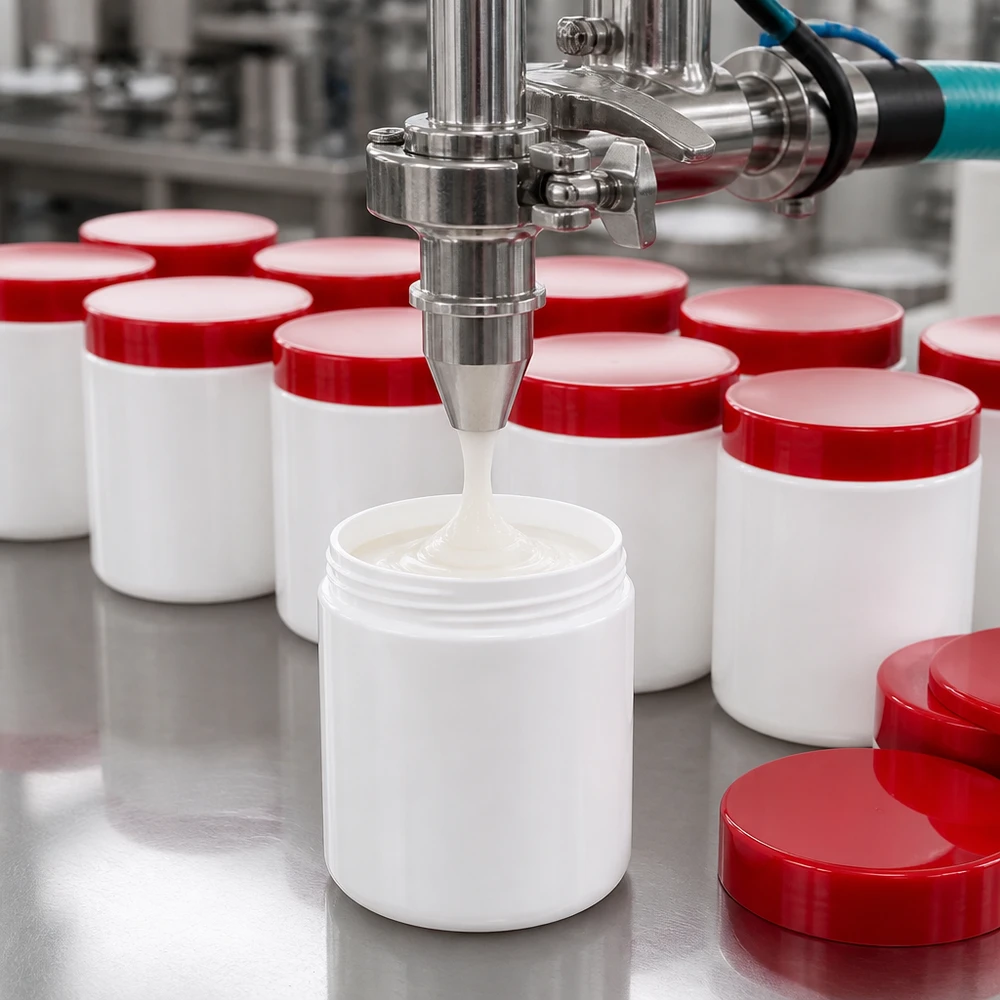Pot à onguent blanc 20 g avec couvercle rouge (PP) Remplissage automatique de pots à pommade blancs de 20 g, munis d'un couvercle à vis rouge, avec une crème blanche