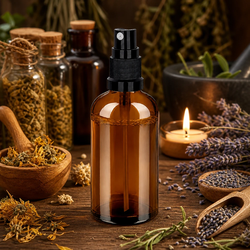 Flacone spray ricaricabile da 100 ml in vetro ambrato con nebulizzatore nero, per un uso consapevole dell'ambiente