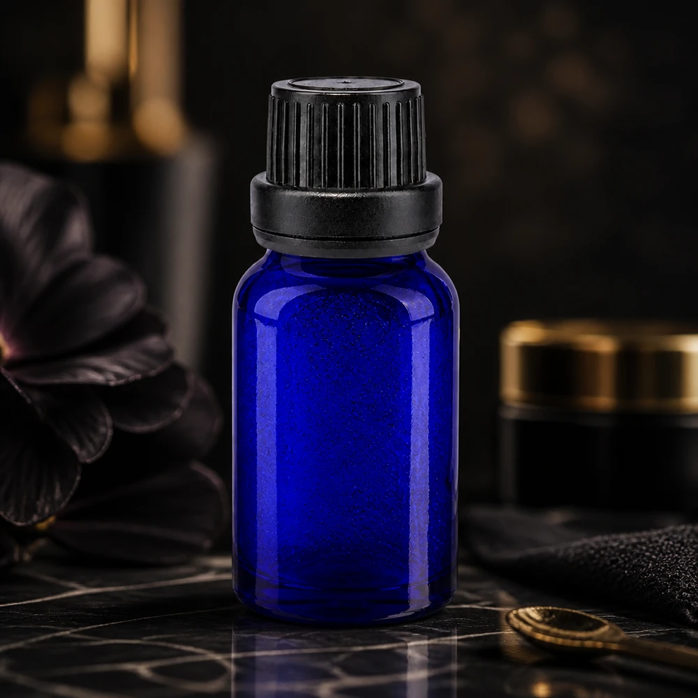 Apothekenflasche blau 10ml Tropfverschluss Giessring 2mm schwarz Originalitätsverschluss Blaue Glasflasche 10ml mit schwarzem Sicherheitsverschluss zur Lagerung lichtempfindlicher Substanzen