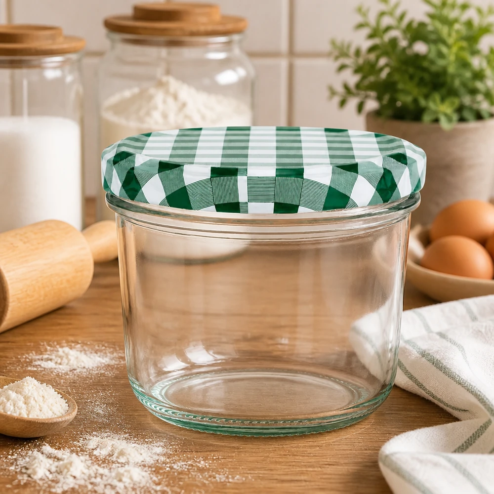 230ml Sturzglas + BasicSeal Deckel grün/weiß UNiTWIST Leeres 230ml Sturzglas BasicSeal Deckel grün-weiß kariert Küchenszenerie Mehl Eier Holzbrett Einmachglas