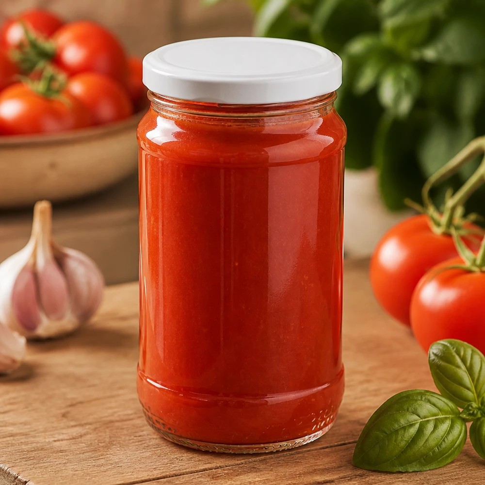 370ml Einmachglas UNiTWIST BasicSeal weiß mit selbstgemachter Tomatensoße auf rustikalem Holztisch