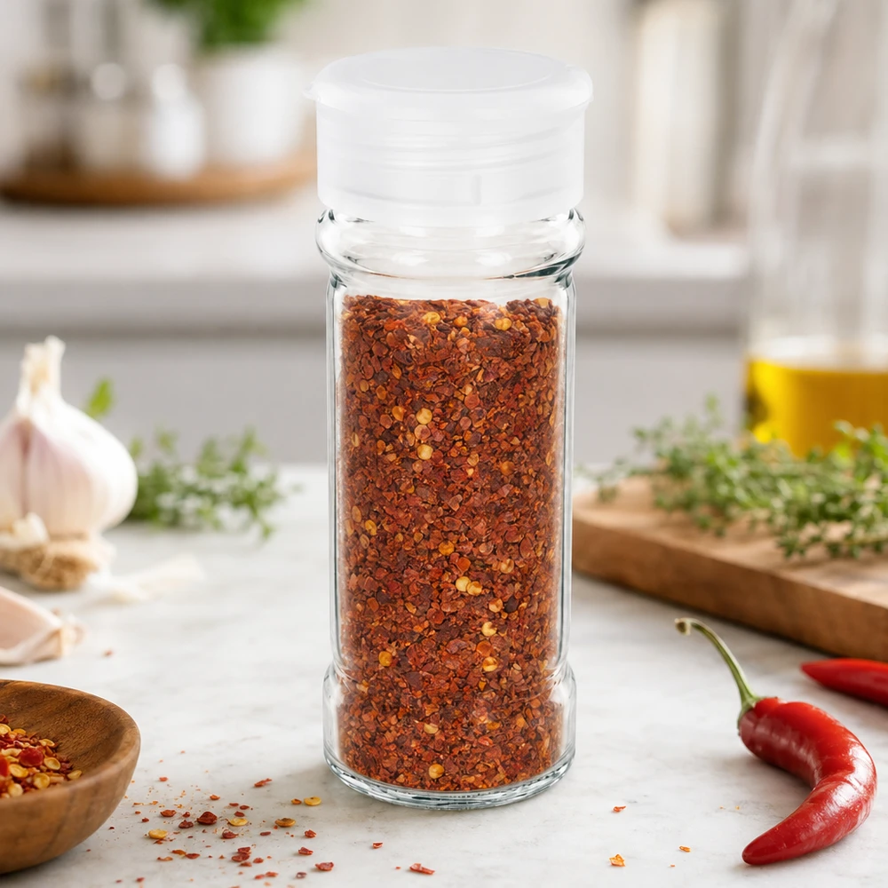 Pot à sel/épices 100 ml avec saupoudreuse, blanc Kompaktes Gewürzglas aus Glas 100ml mit weißem Streuer in Küchenumgebung