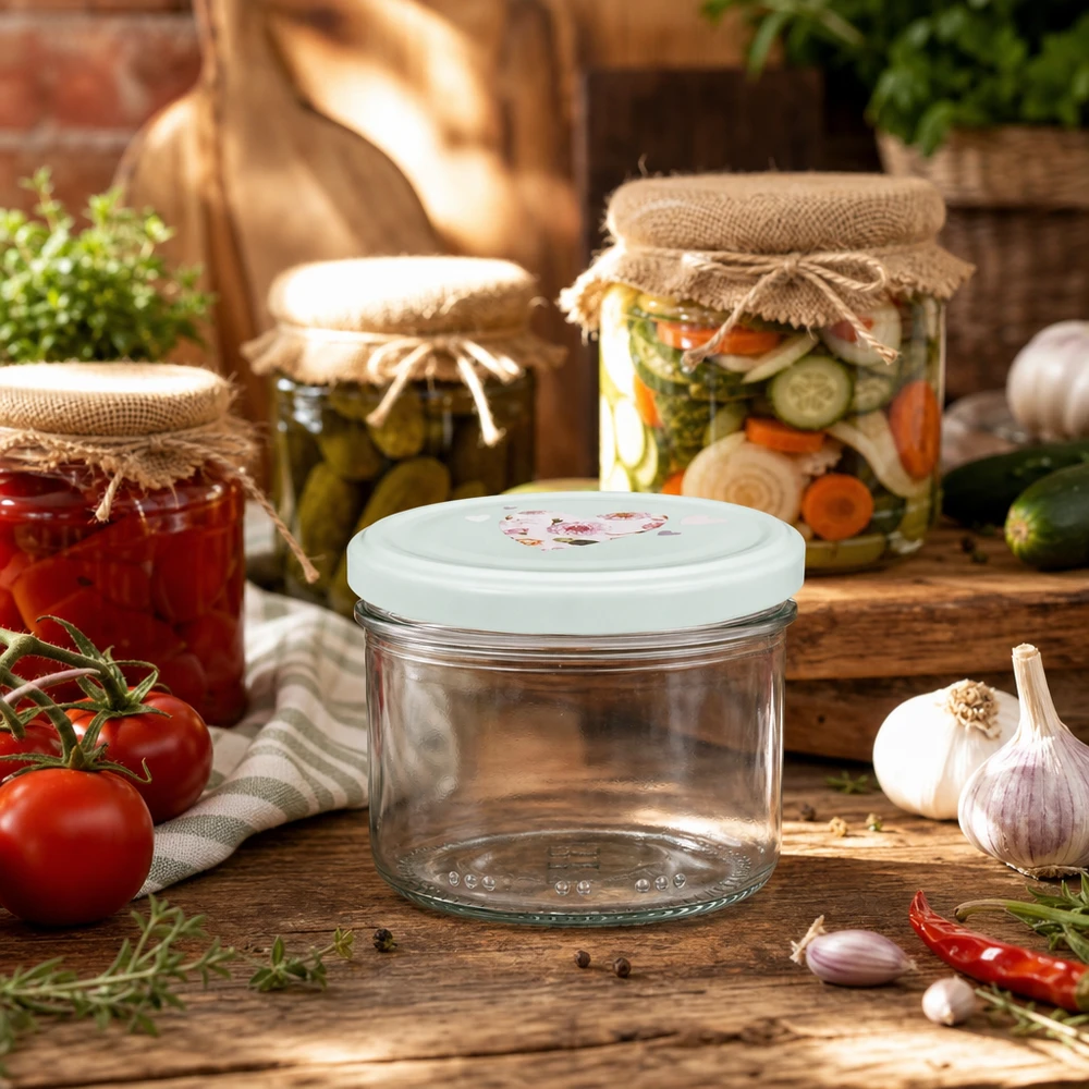 230ml Zylinderglas + BasicSeal Deckel Herz mint 230ml Zylinderglas mit mint Herzdeckel in rustikaler Küche zwischen Einmachgläsern Tomaten und Kräutern