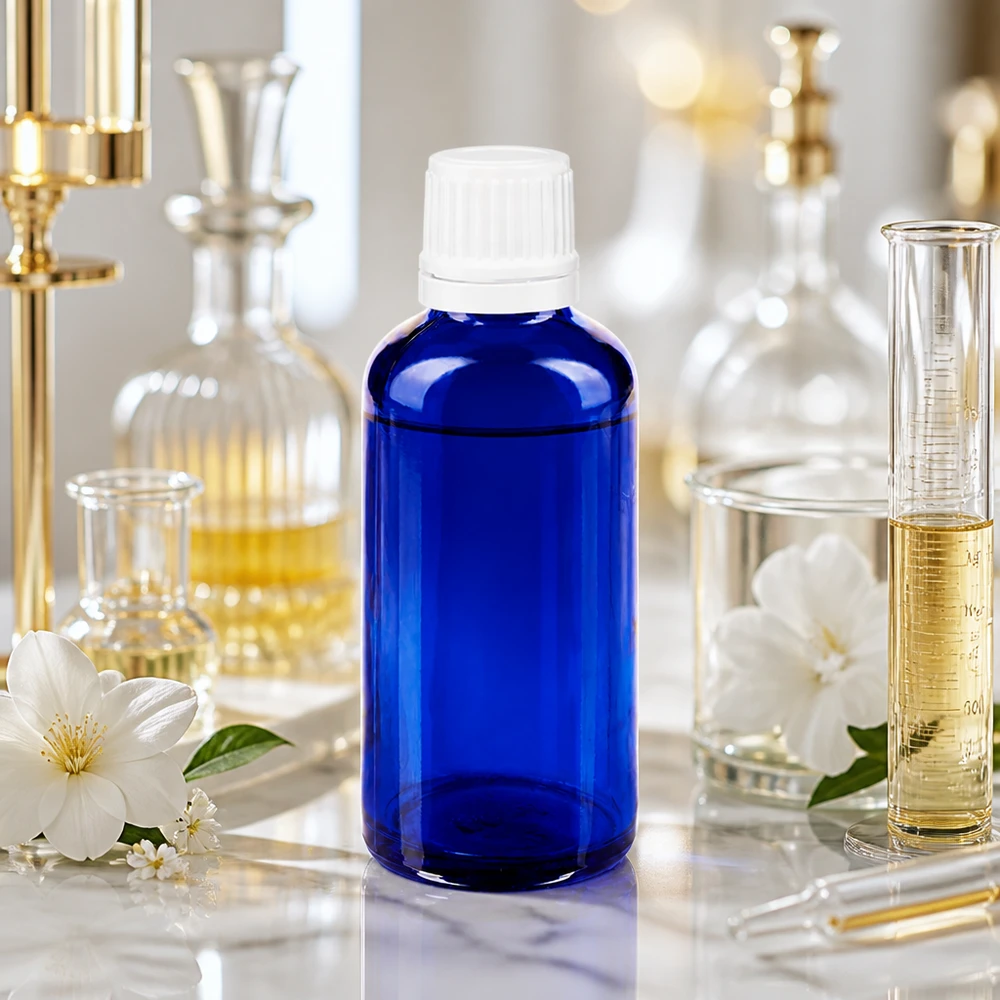 Apothekenflasche blau 50ml Schraubverschluss weiß Originalitätsverschluss 50ml blaue Apothekerflasche mit manipulationssicherem Weißverschluss in Kosmetiklabor