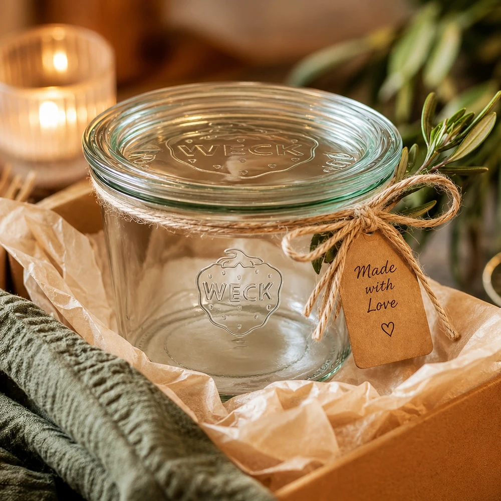 Bocal en verre de 370 ml avec couvercle en verre WECK RR100 WECK Einmachglas 370ml RR100 als Geschenk verpackt mit Bastband und Made with Love Anhänger in Geschenkbox