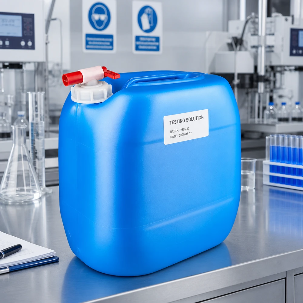 Bidon 30 litres bleu avec robinet Bidon portable bleu de 30 litres, muni d'un robinet de vidange et d'une étiquette, destiné à un environnement de laboratoire professionnel