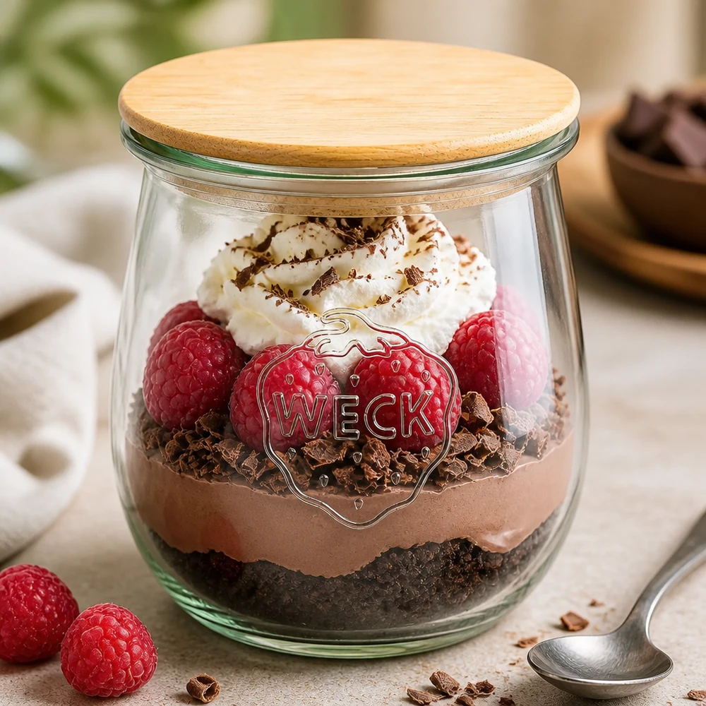 Vaso a tulipano WECK 220ml RR60 con coperchio in legno come vaso da dessert - Mousse al cioccolato con lamponi e panna in un vaso da conserva