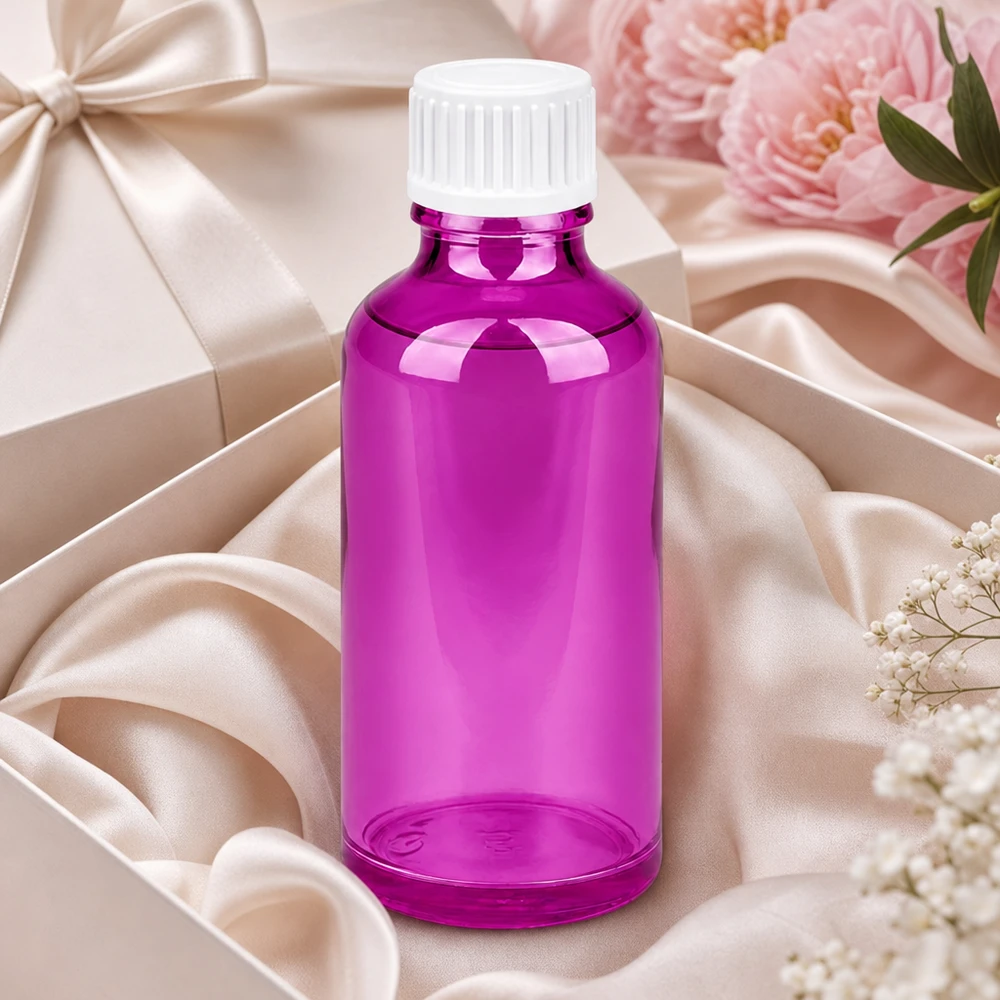 Flacone in vetro viola da 50 ml con apertura standard per un facile riempimento e dosaggio.