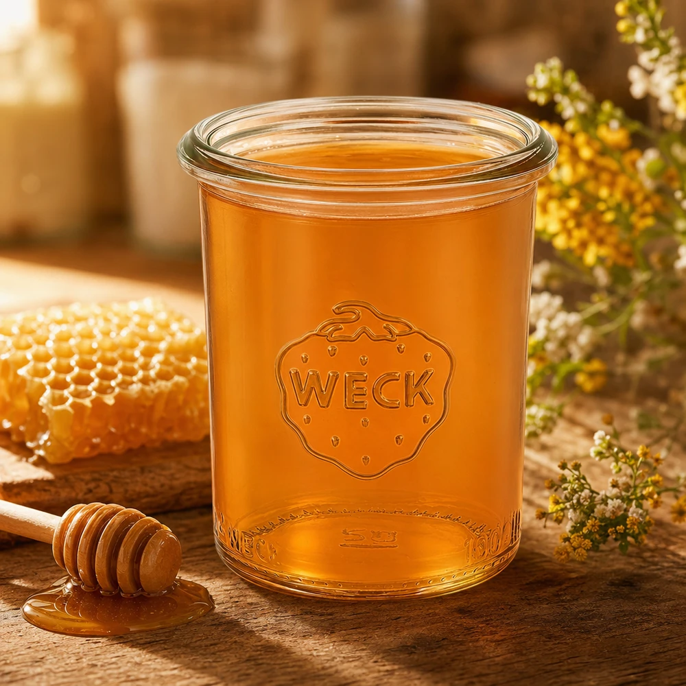 Barattolo da 160ml WECK RR60 Vaso di vetro WECK RR60 da 160 ml riempito di miele su un tavolo di legno con nido d'ape e cucchiaio da miele decorazione naturale