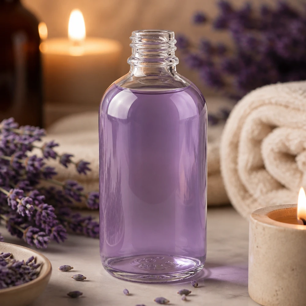 Flacon à pharmacie 100ml ClearLine DIN18 UNiTWIST Flacon en verre transparent de 100 ml contenant un liquide violet – Flacon de pharmacie UNiTWIST ClearLine conforme à la norme DIN 18