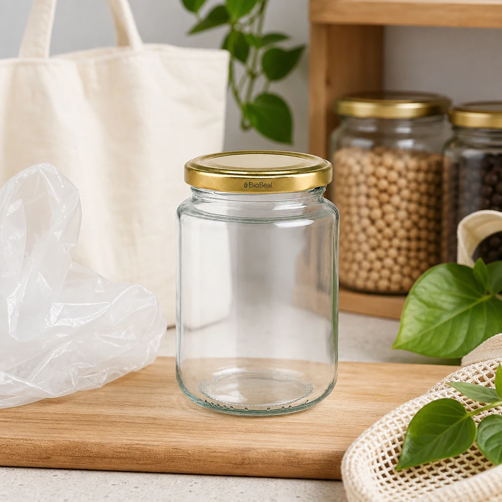 UNiTWIST Runda382 mit goldenem Deckel TO66 BioSeal UNiTWIST Runda382 Einmachglas in Zero-Waste Küche, nachhaltiger TO66 BioSeal Deckel gold, Holzbrett Ambiente