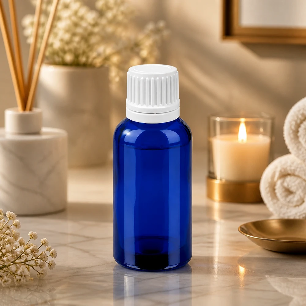 Flacone da 30 ml in vetro blu cobalto con tappo bianco a prova di bambino OV BlueLine