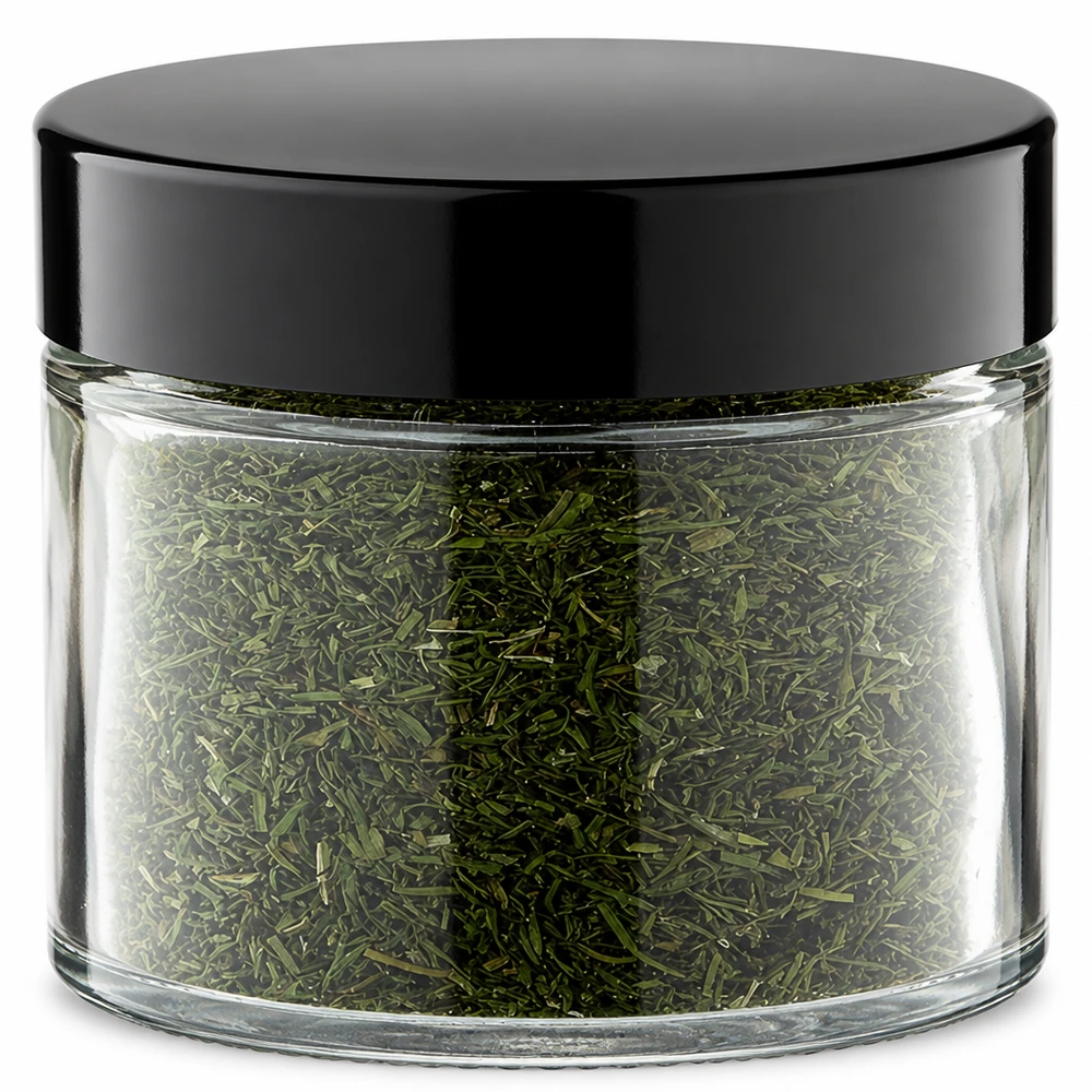 Idea per le spezie: vasetto di vetro da 30 ml riempito con erbe aromatiche e tappo nero
